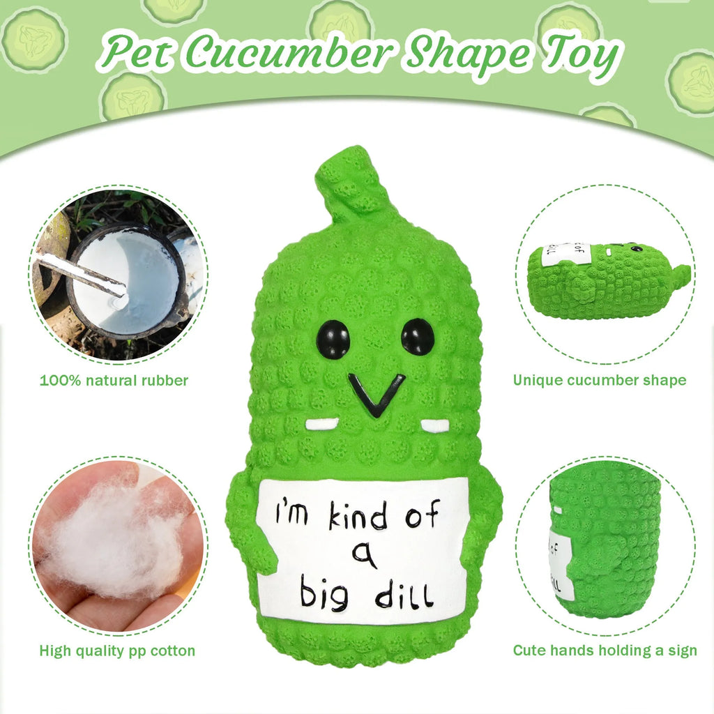 Bright green pickle-shaped dog chew toy with textured nubs on a white background.