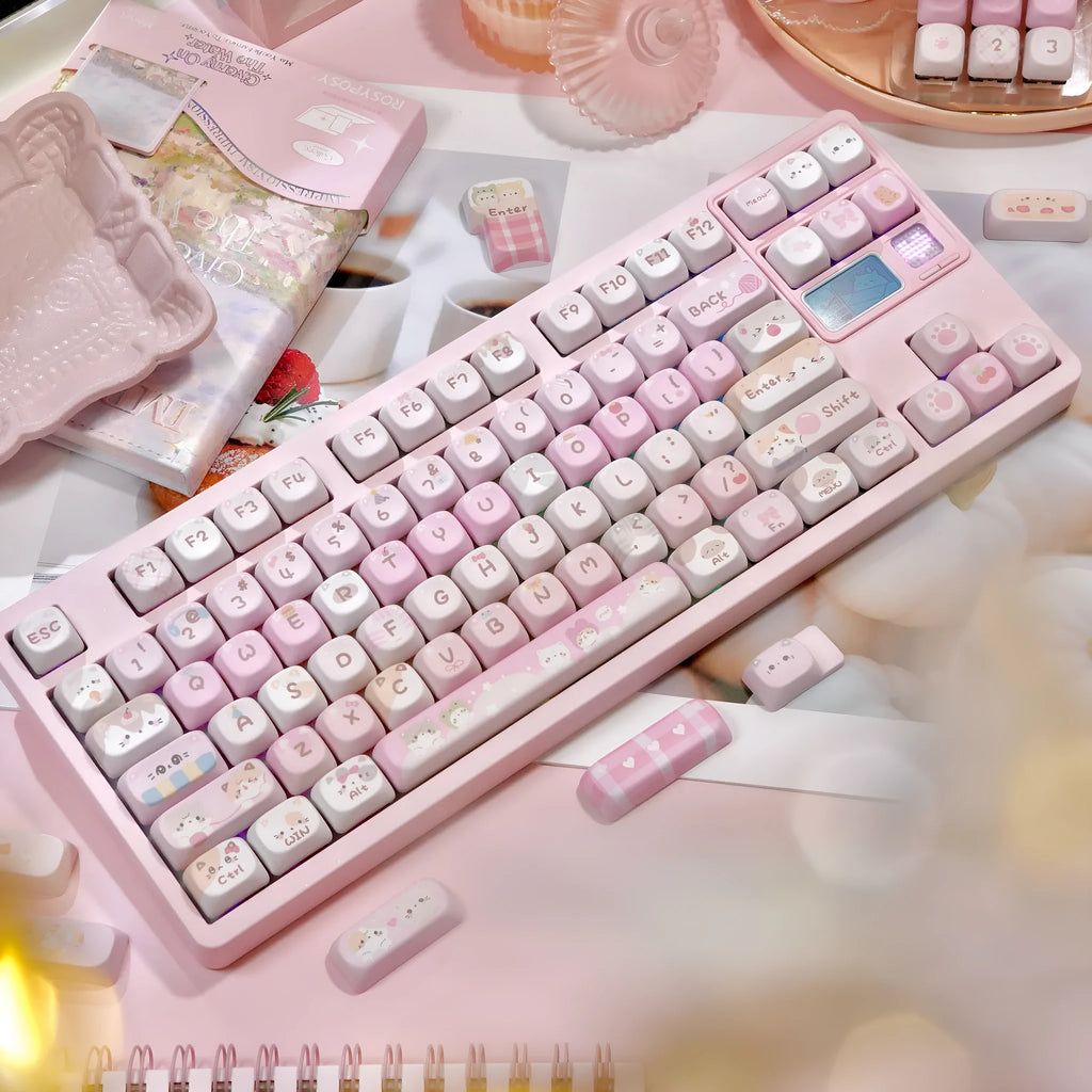 MOA pink plastic keyboard key caps with cartoon graphics on five sides for mechanical keyboards