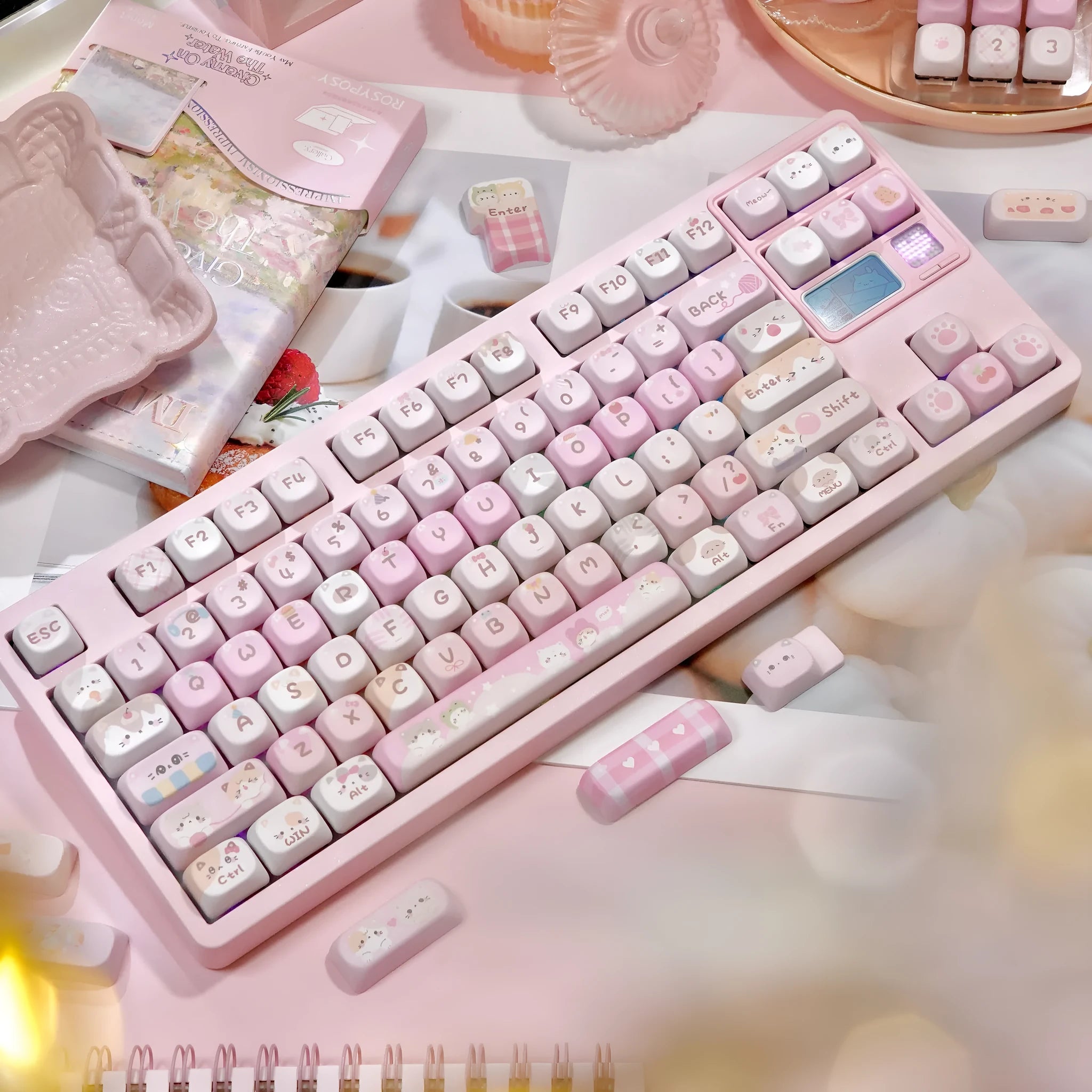 MOA pink plastic keyboard key caps with cartoon graphics on five sides for mechanical keyboards