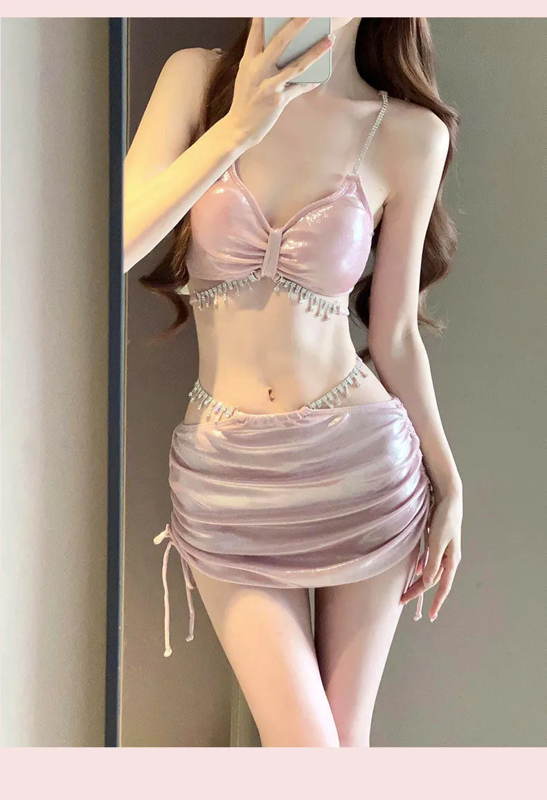 Women's solid colour polyester bikini swimsuit in pink and black options for swimming and wading