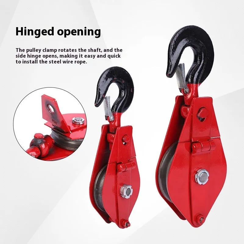 Red industrial lifting pulley with a forged steel safety latch hook and wire rope wheel.