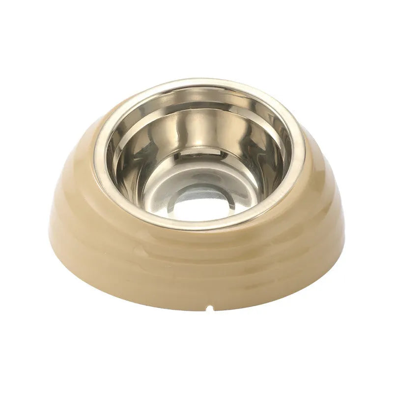 Stainless steel cat bowl on a plastic base in a choice of beige, brown, or light green.