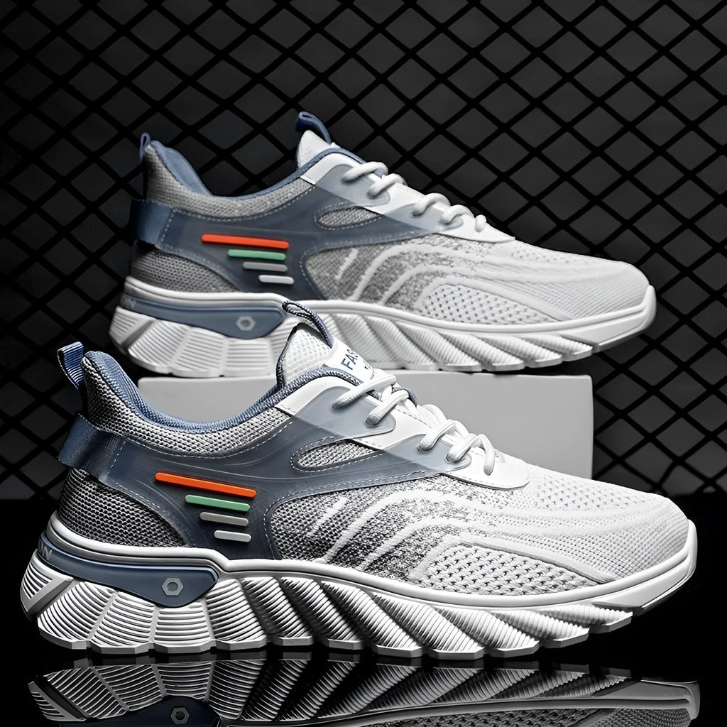 Men's white blue and black platform casual running shoes with mesh upper and cross shoulder straps.