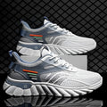Men's white blue and black platform casual running shoes with mesh upper and cross shoulder straps.