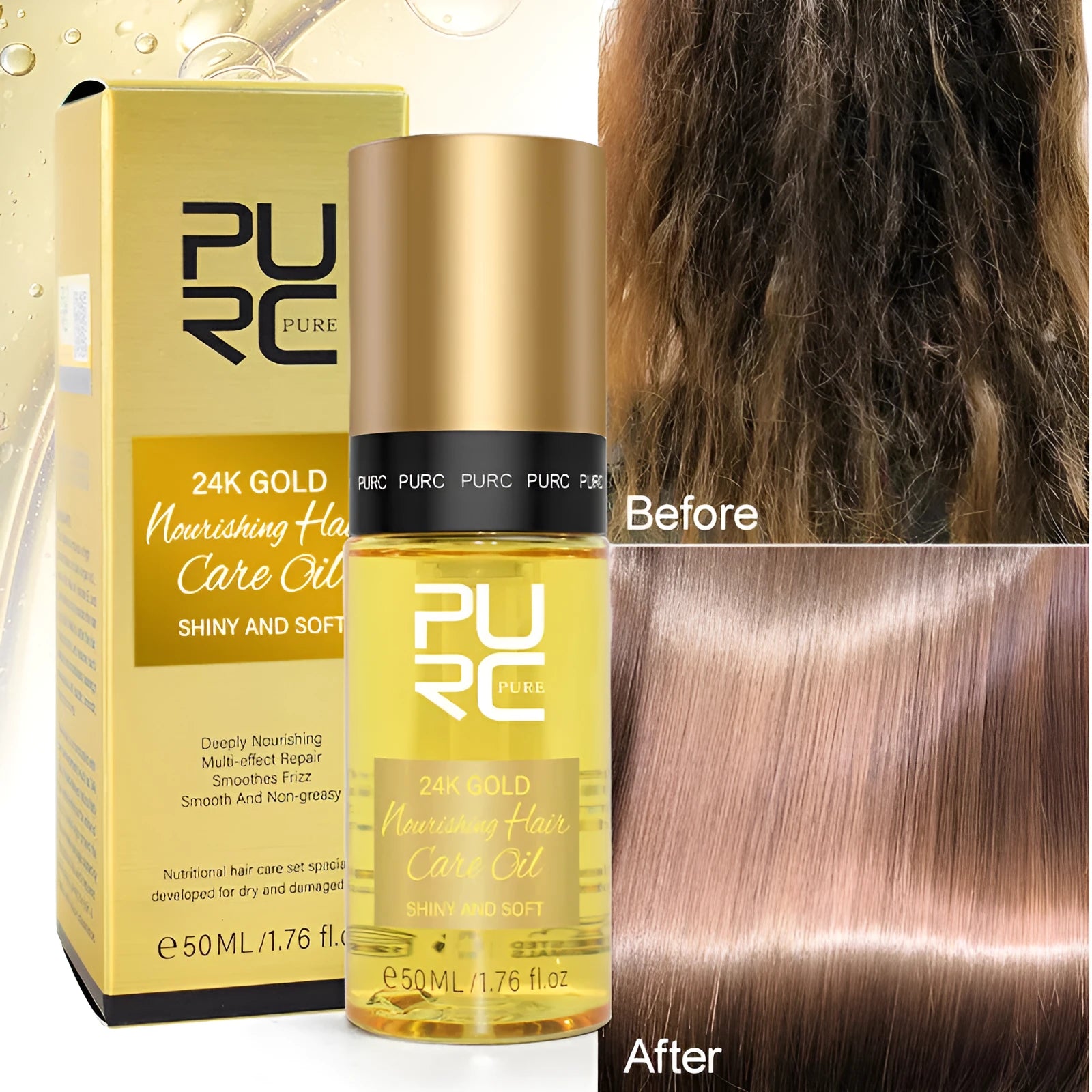 Yellow hair essential oil in 50ml bottle with dropper for curly hair repair and scalp treatment