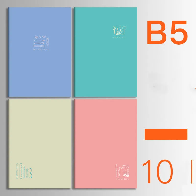 Pack of ten thread-bound A5 and B5 softcover notebooks showing multiple design styles including kraft paper and illustrated covers.