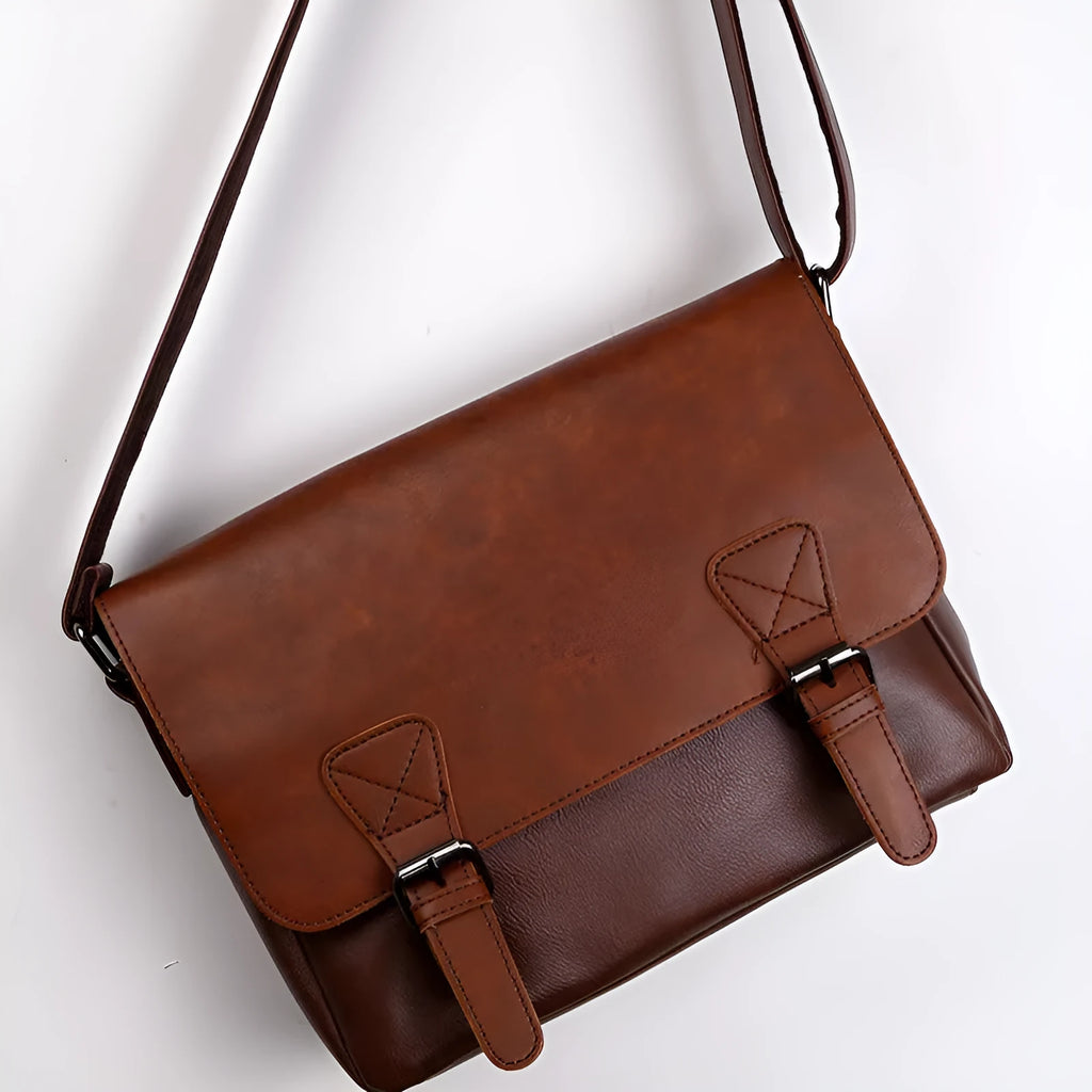 Men's PU leather vintage one-shoulder satchel with plaid pattern, black and brown options, 28x33x8cm
