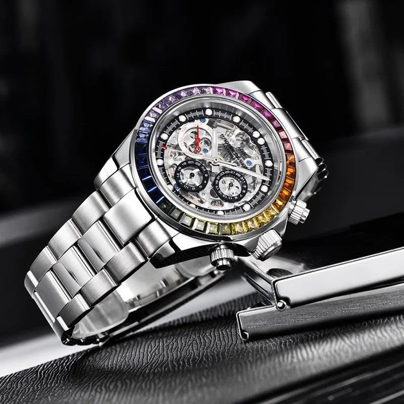 Dial design transparent men's mechanical watch with 40mm diameter, sapphire crystal glass, and stainless steel buckle