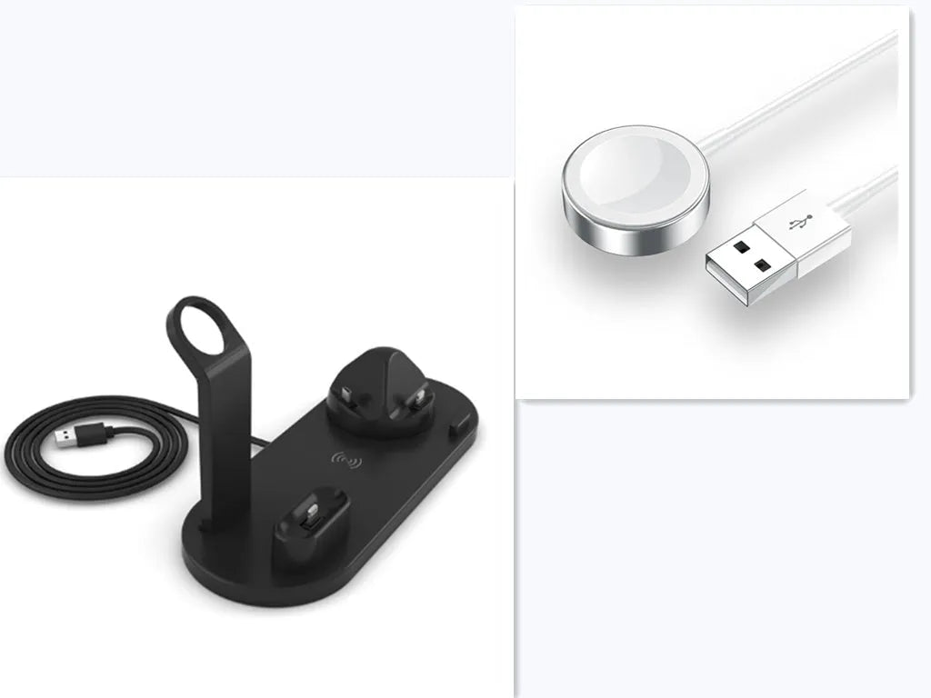 4 in 1 wireless charger stand for iPhone Samsung iWatch AirPods in black silicone material with 360 degree rotating dock