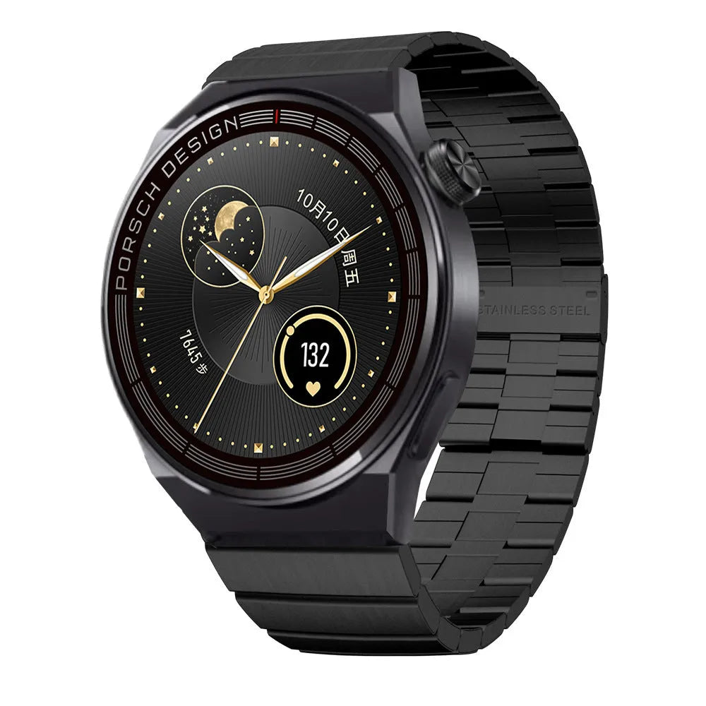 Smartwatch with black or silver case and choice of silicone, leather, or stainless steel strap on wrist