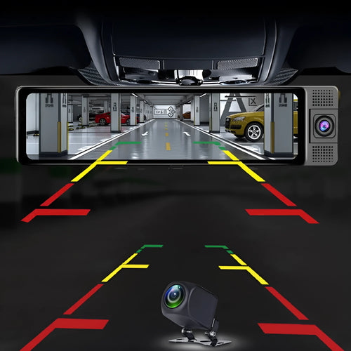 12-inch car rearview mirror video recorder with touch screen and reversing camera displayed