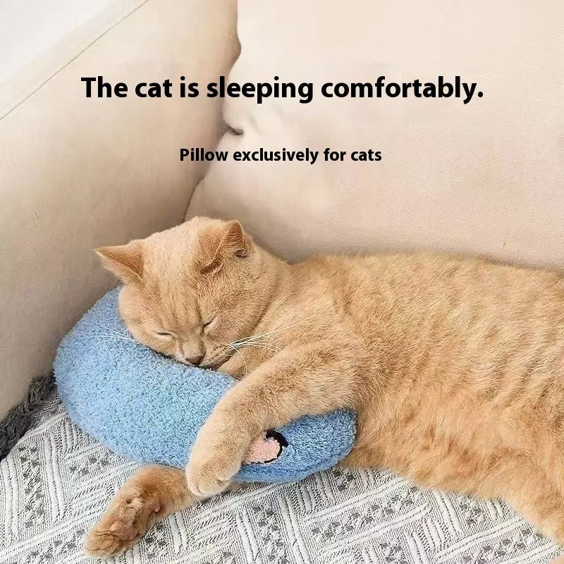 Cat sleeping mat U-shaped pillow in moon and question mark designs on blue, white and yellow cloth
