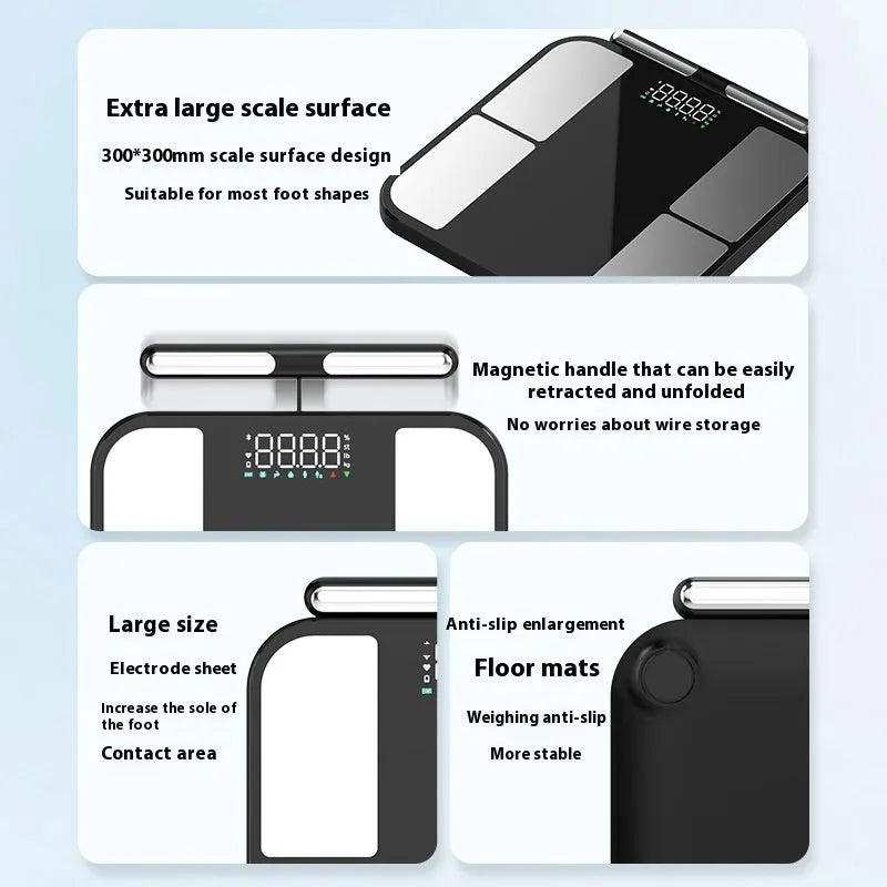 Black electronic body composition scale with tempered glass platform and colour display screen