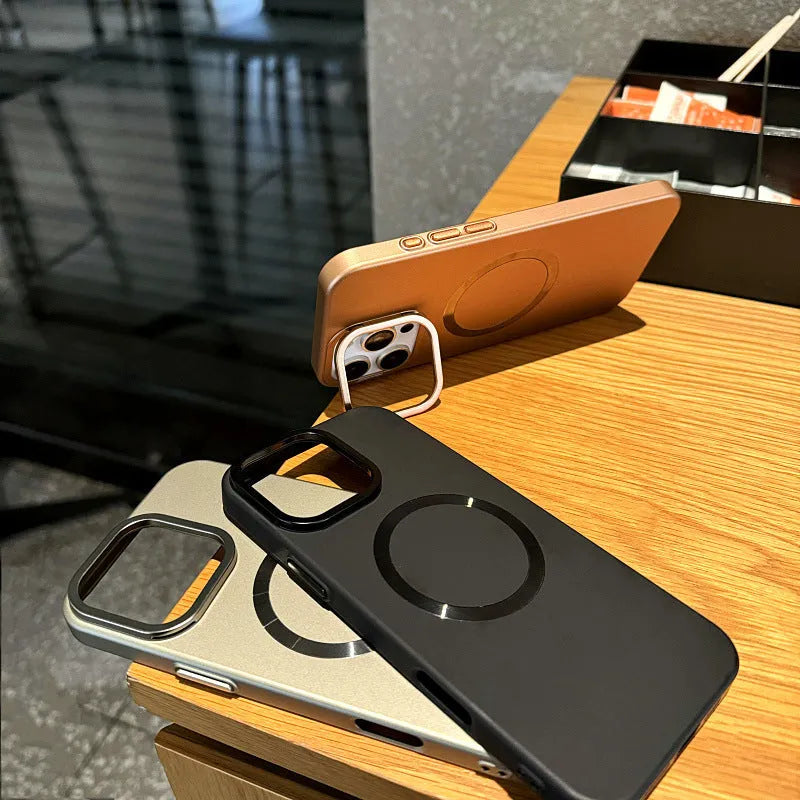 PC hard magnetic phone case with bracket in desert gold for iPhone 15