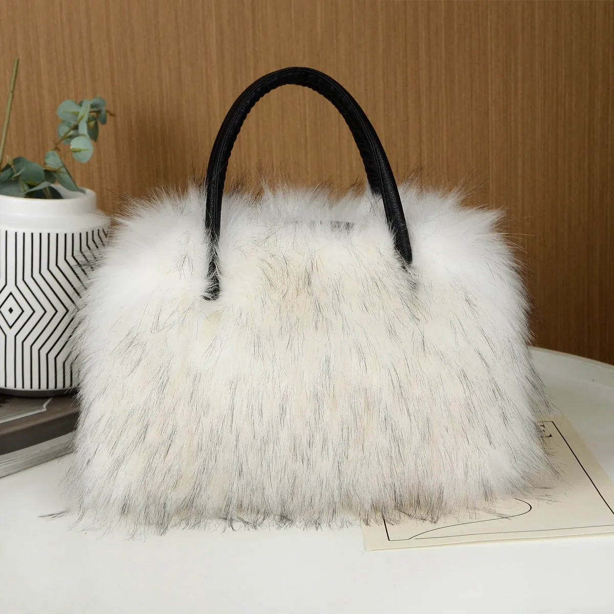 Soft plush handbag shoulder tote with double straps and three-dimensional outer pocket in multiple colours