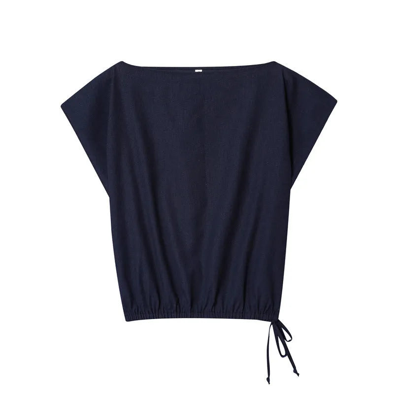 Women's linen shirt top with flounced sleeves and wide-leg trousers set in polyester blend fabric