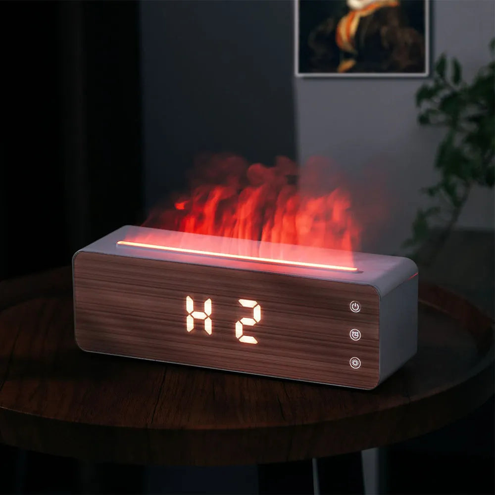 Flame Humidifier with Clock Display Desktop Aromatherapy Machine for Bedroom Household Use ABS Electronic Components White 28x8.5x9.3cm Plug In Ultra Quiet Large Capacity Water Tank