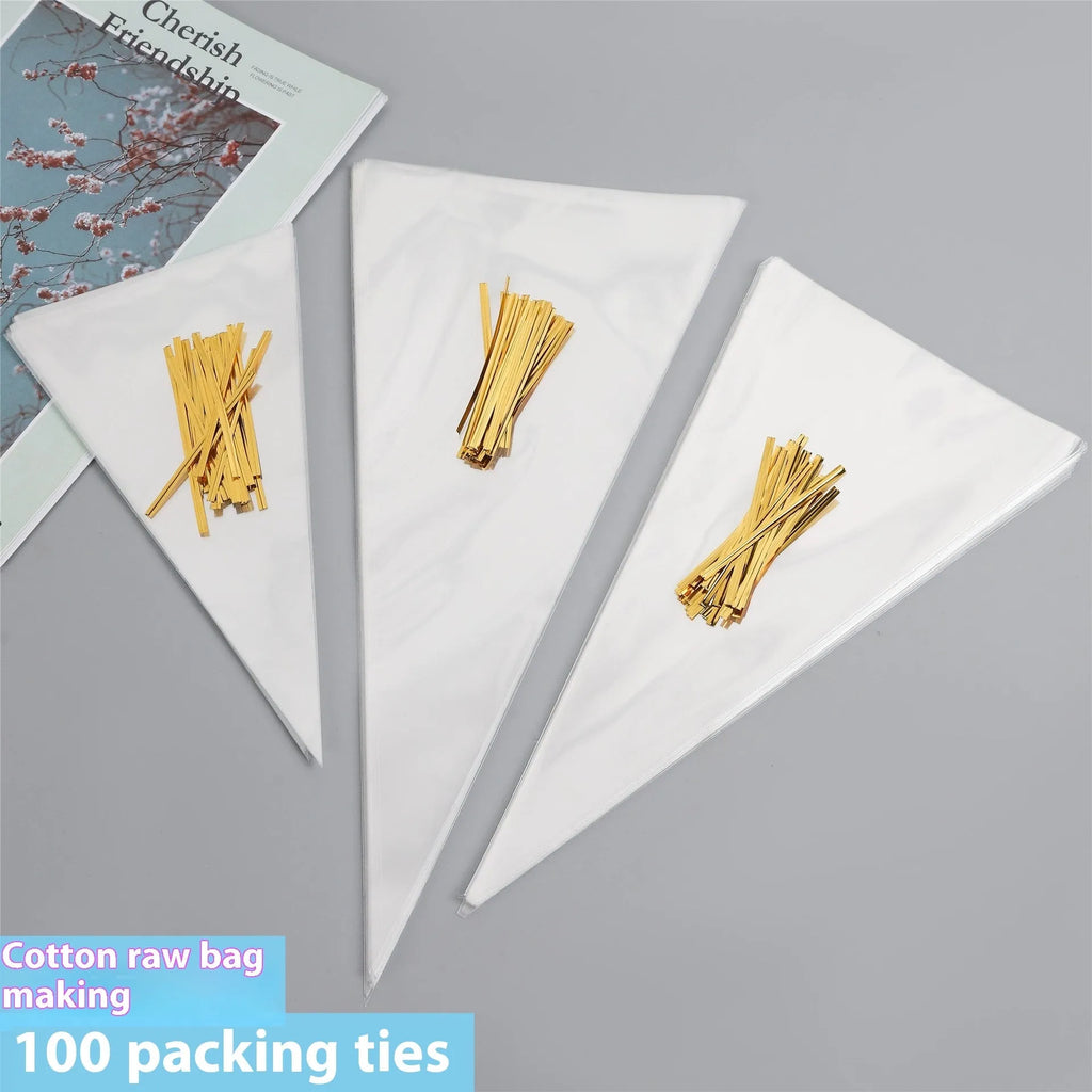 Transparent triangle-shaped plastic packaging bag with a metal tie wire attached for closure.