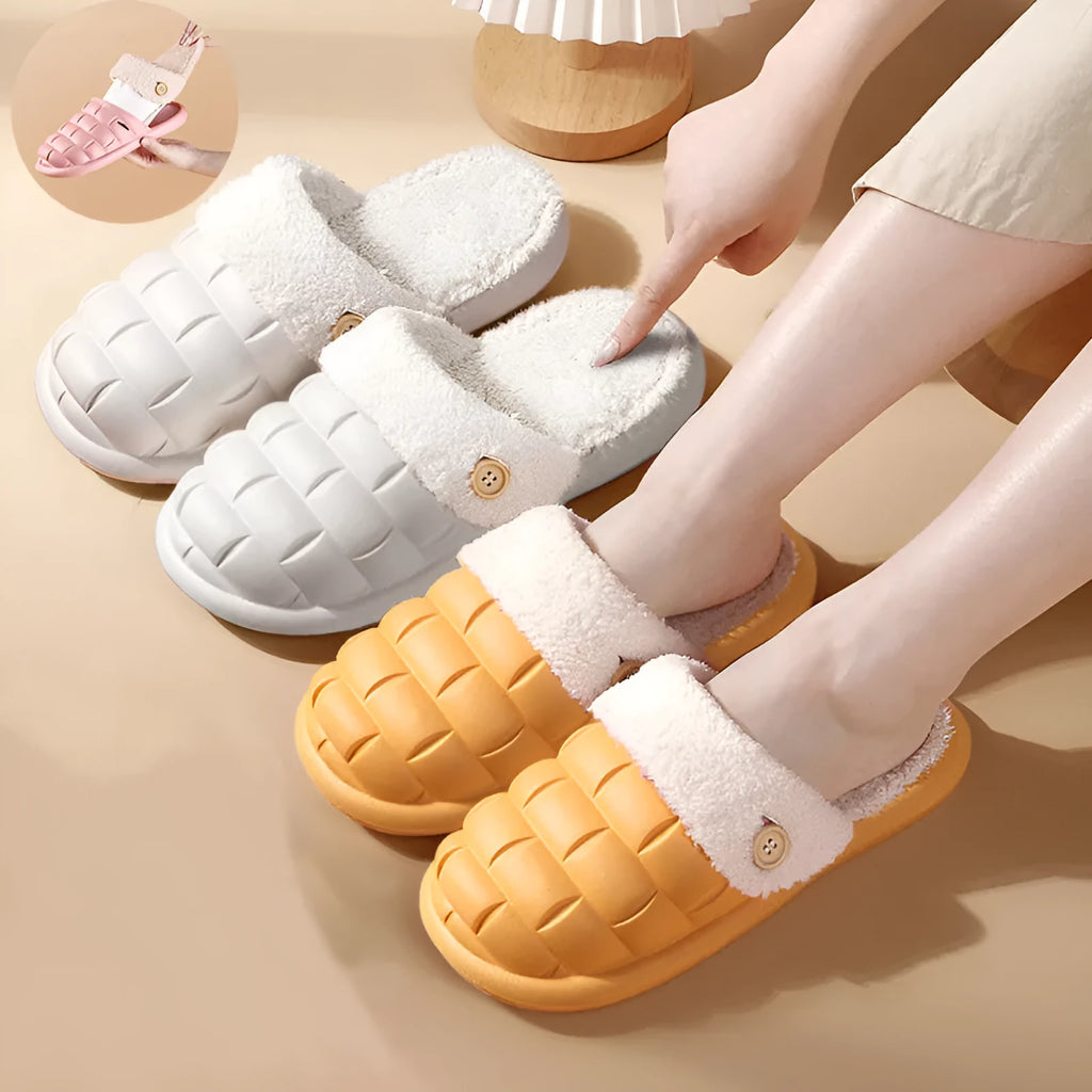 Plaid detachable slippers for women with plush lining and EVA sole in pink, shown on a wooden floor.
