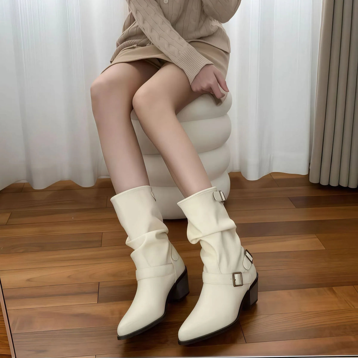 Women's mid-calf pointed toe chunky heel boots in white or khaki with PU upper and belt buckle detail