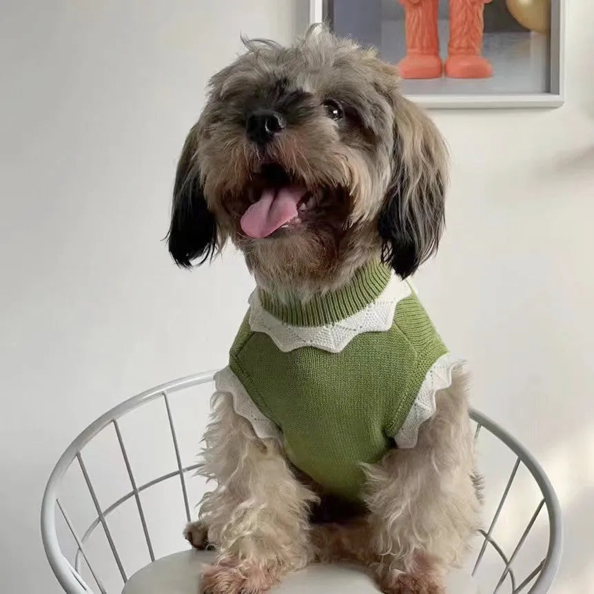 Green and pink flower pattern dog and cat sweaters in sizes XS to XL for pets 1.5kg to 8kg