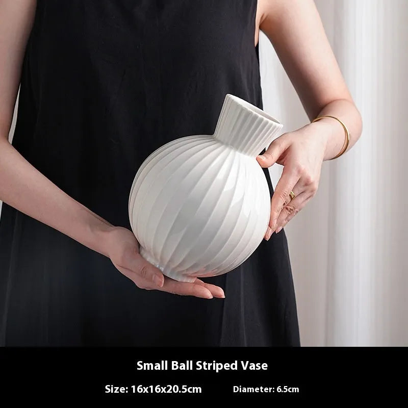 White ceramic ball striped vase in American country style with optional artificial orchid arrangements
