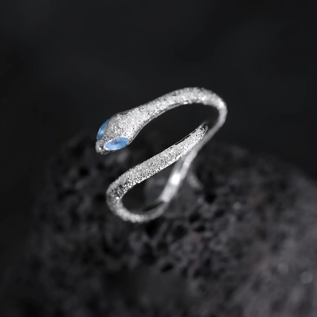 Adjustable silver-plated ring with snake design and zodiac motifs in platinum colour