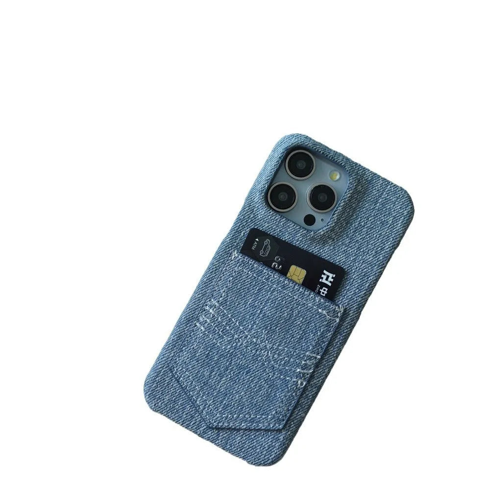 Denim card oil edge TPU phone case with magnetic suction for iPhone, showing animal and rhinestone accents on back
