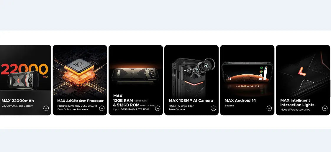 VMAX PRO black Android smartphone showing 6.7-inch display with plastic construction and included charger