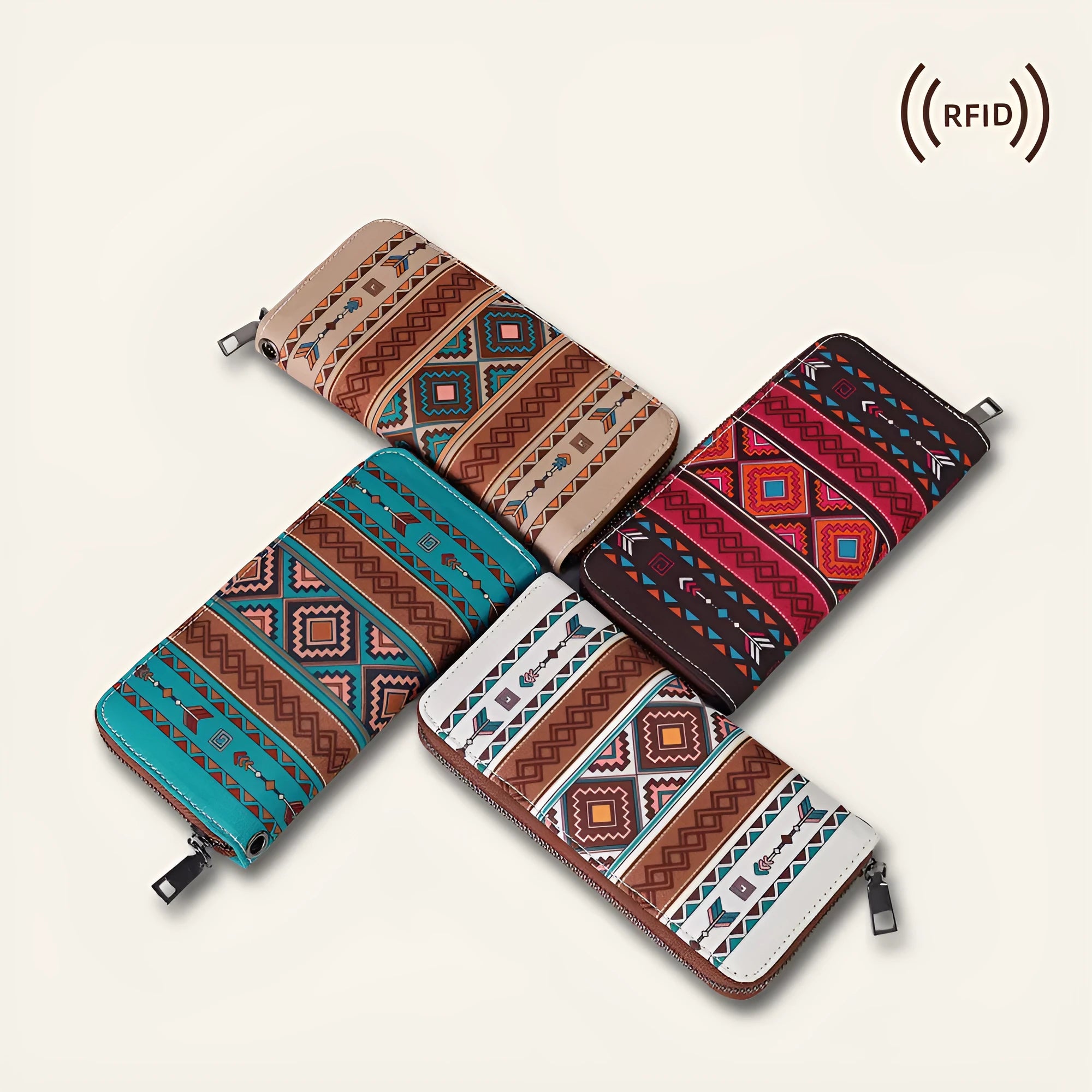 Bohemian striped canvas RFID wallet with wind belt closure in beige colour