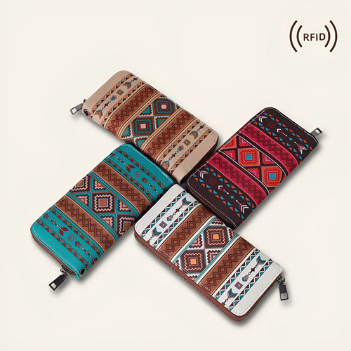 Bohemian striped canvas RFID wallet with wind belt closure in beige colour