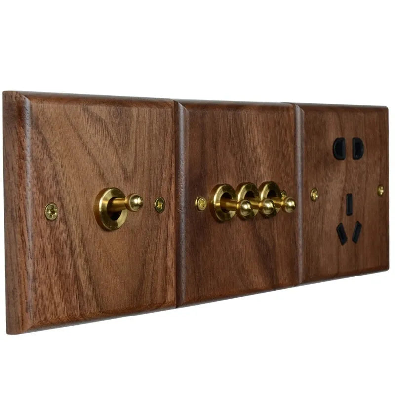 Black walnut solid wood panel brass work driving arm dual control switch socket in walnut colour