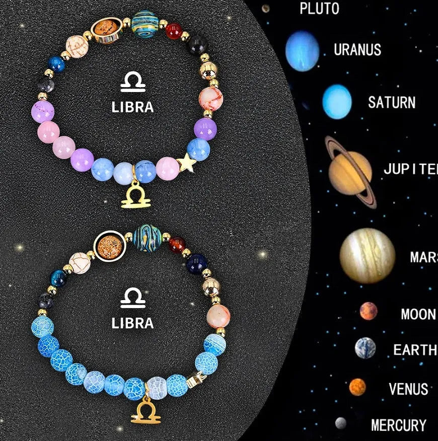 Natural stone twelve zodiac sign beaded bracelet set two bracelets per pack on white background