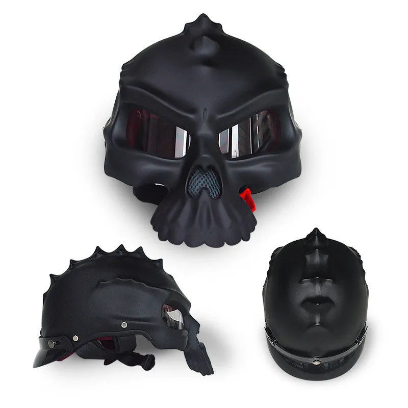 Double-sided changeable skull motorcycle helmet in ABS construction showing colour options