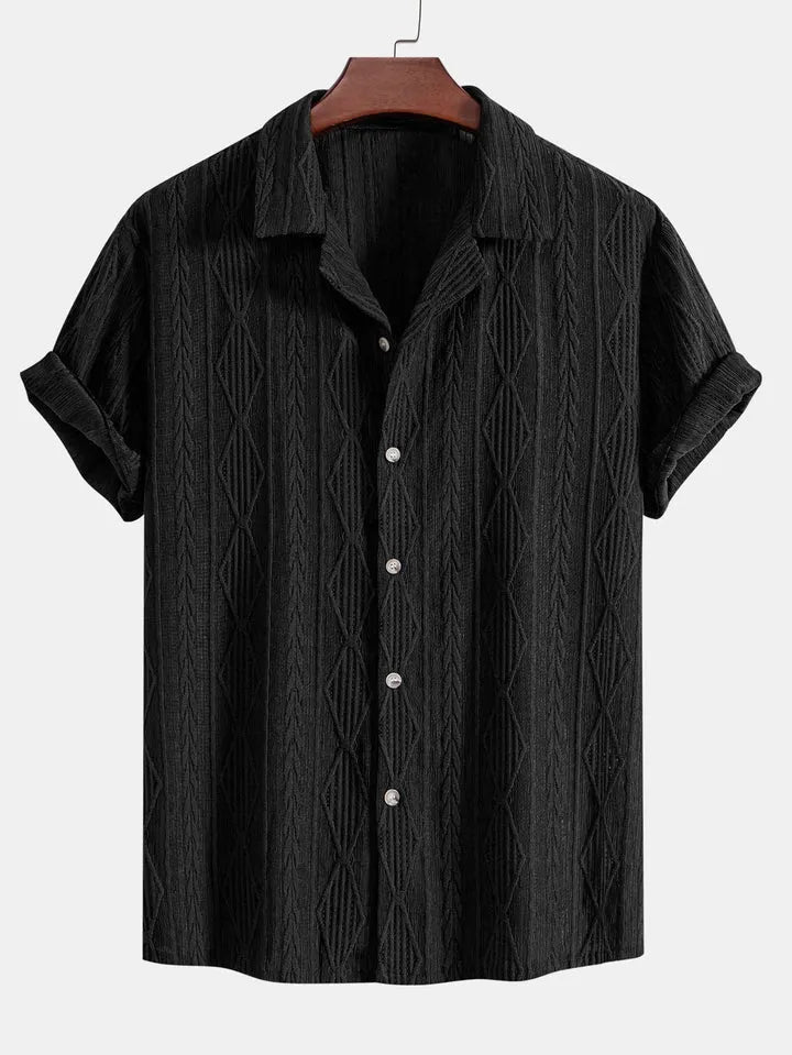 Men's loose fit short sleeve cardigan in solid colour on a hanger.