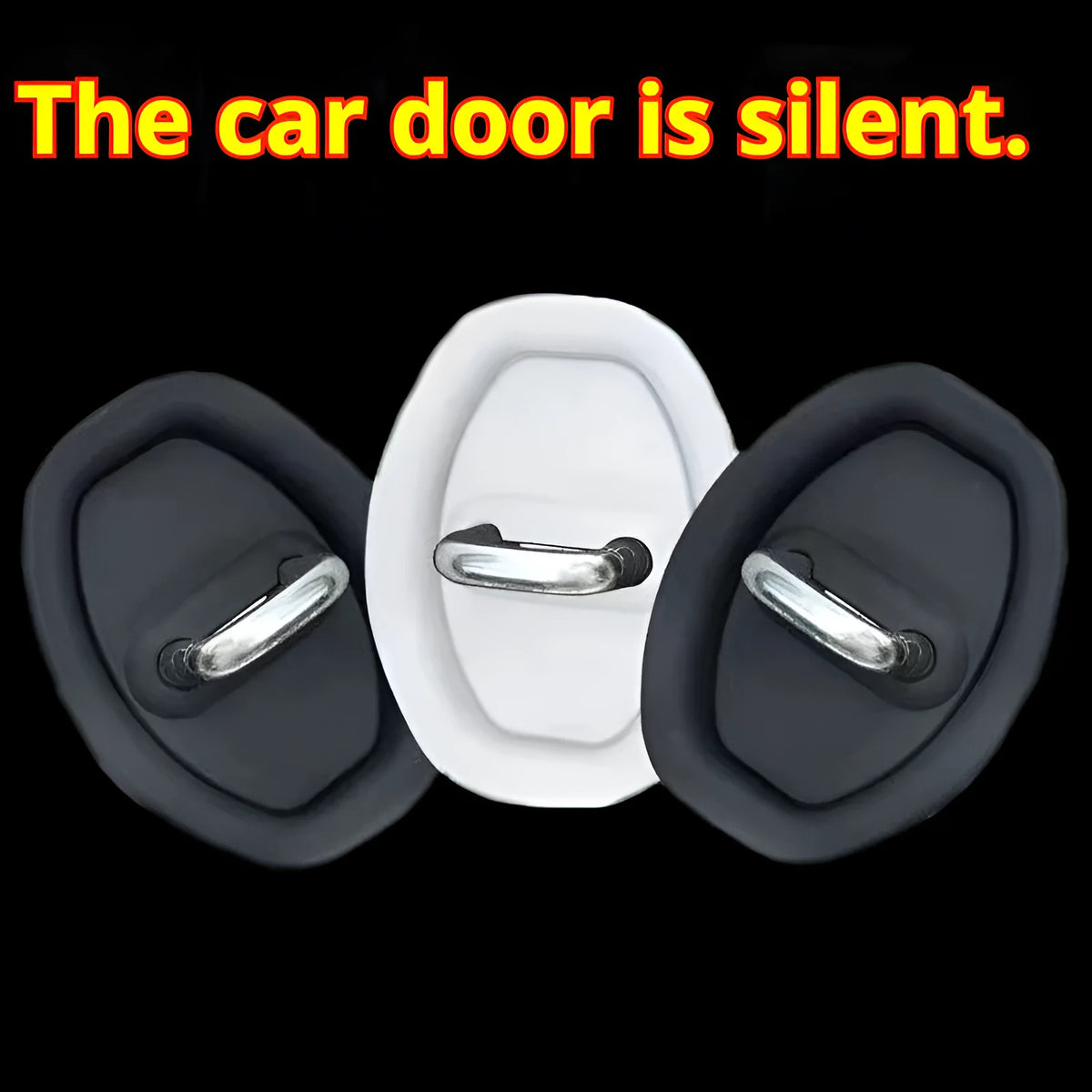 Black silicone car door lock crash pad measuring 8.6cm by 7cm on a car door