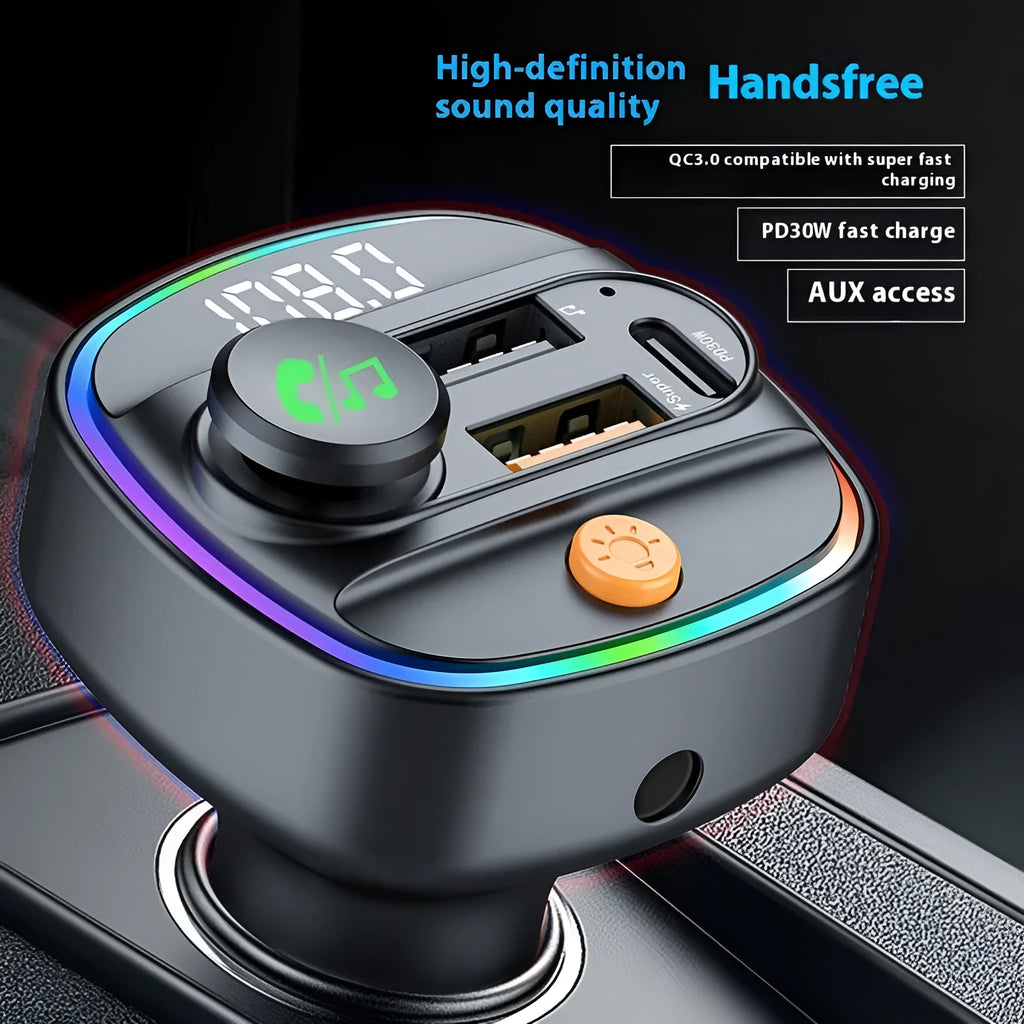 Multifunctional car charger with 1.8 inch display, ABS casing, and MP3 function in black finish
