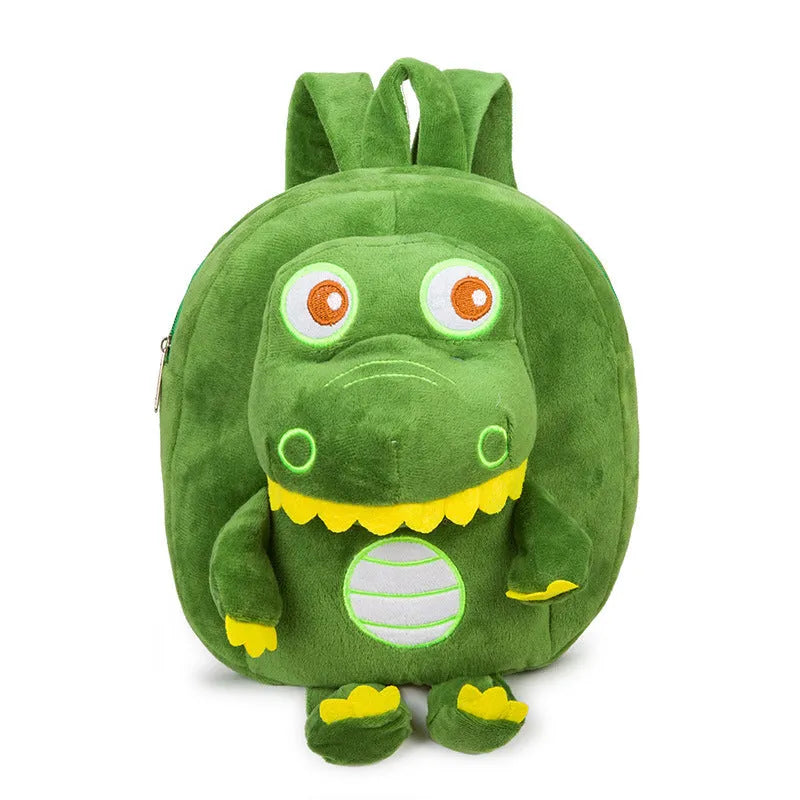 Blue dinosaur plush backpack for children with embroidery pattern and soft handles