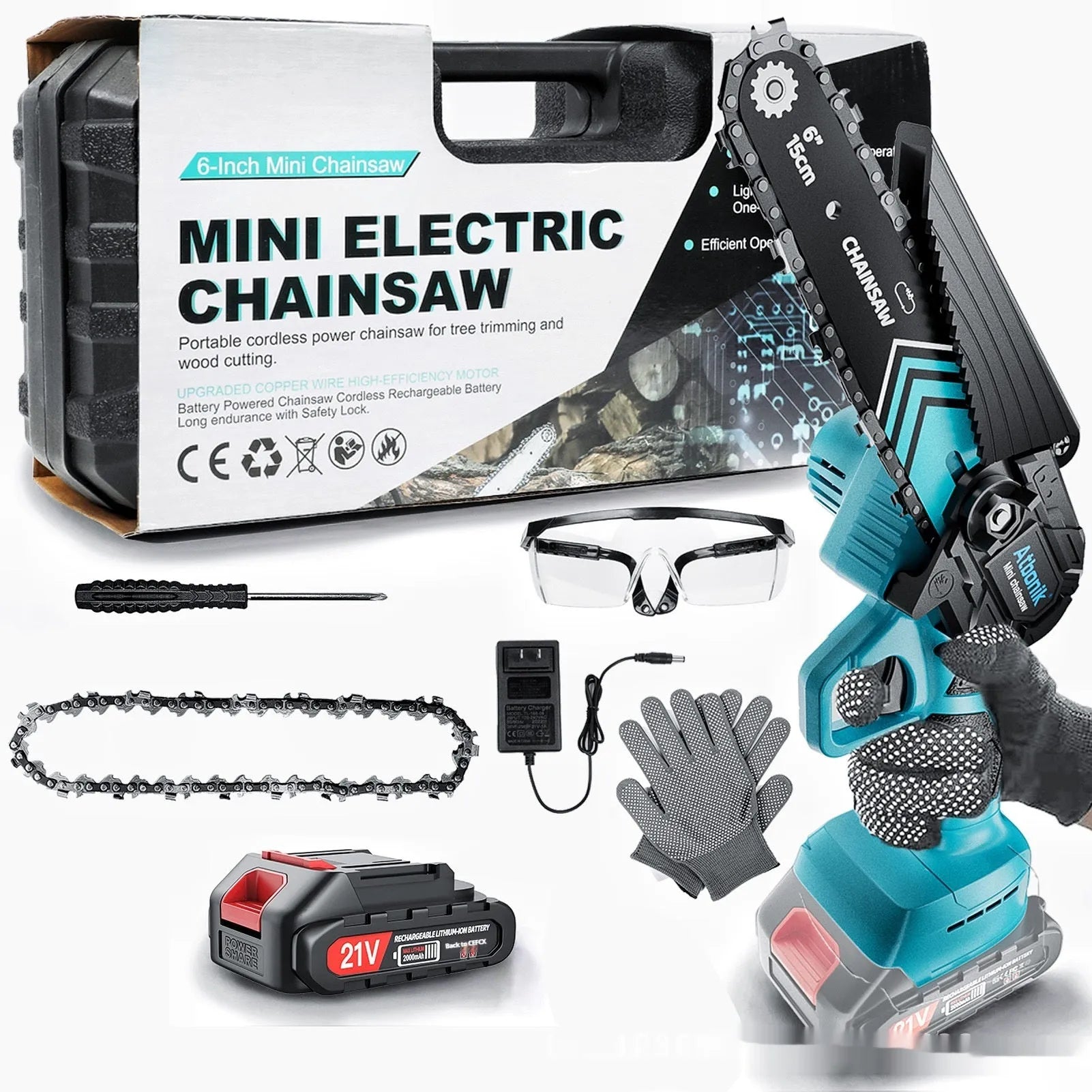 Handheld cordless electric chainsaw with 6-inch chain, two batteries, and safety accessories