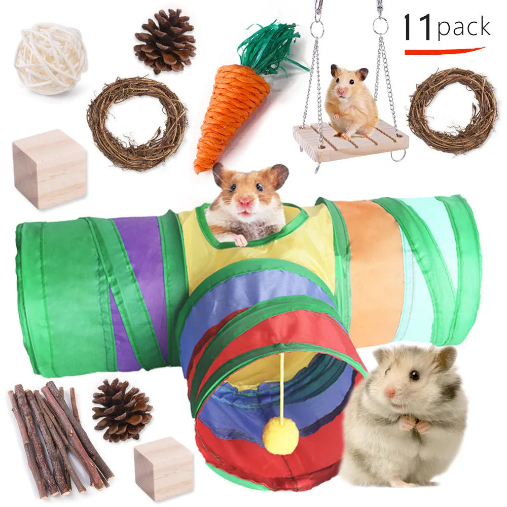 Wooden pet toy set with straw mats and woven balls for rabbits and guinea pigs