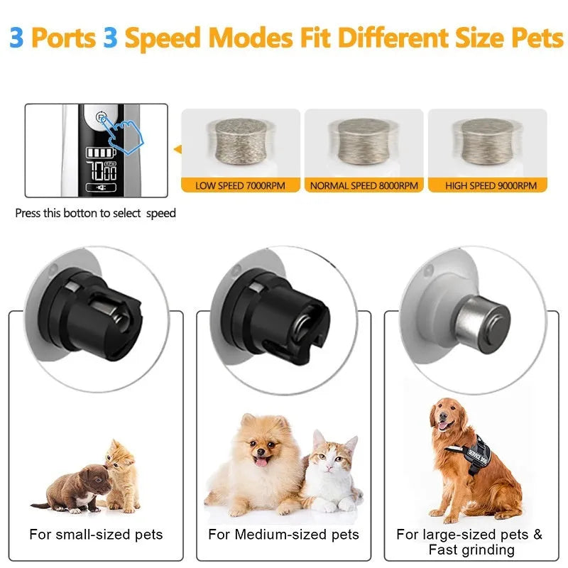 Electric dog nail grinder with automatic piercing head, LED display, and handheld design on a white background.