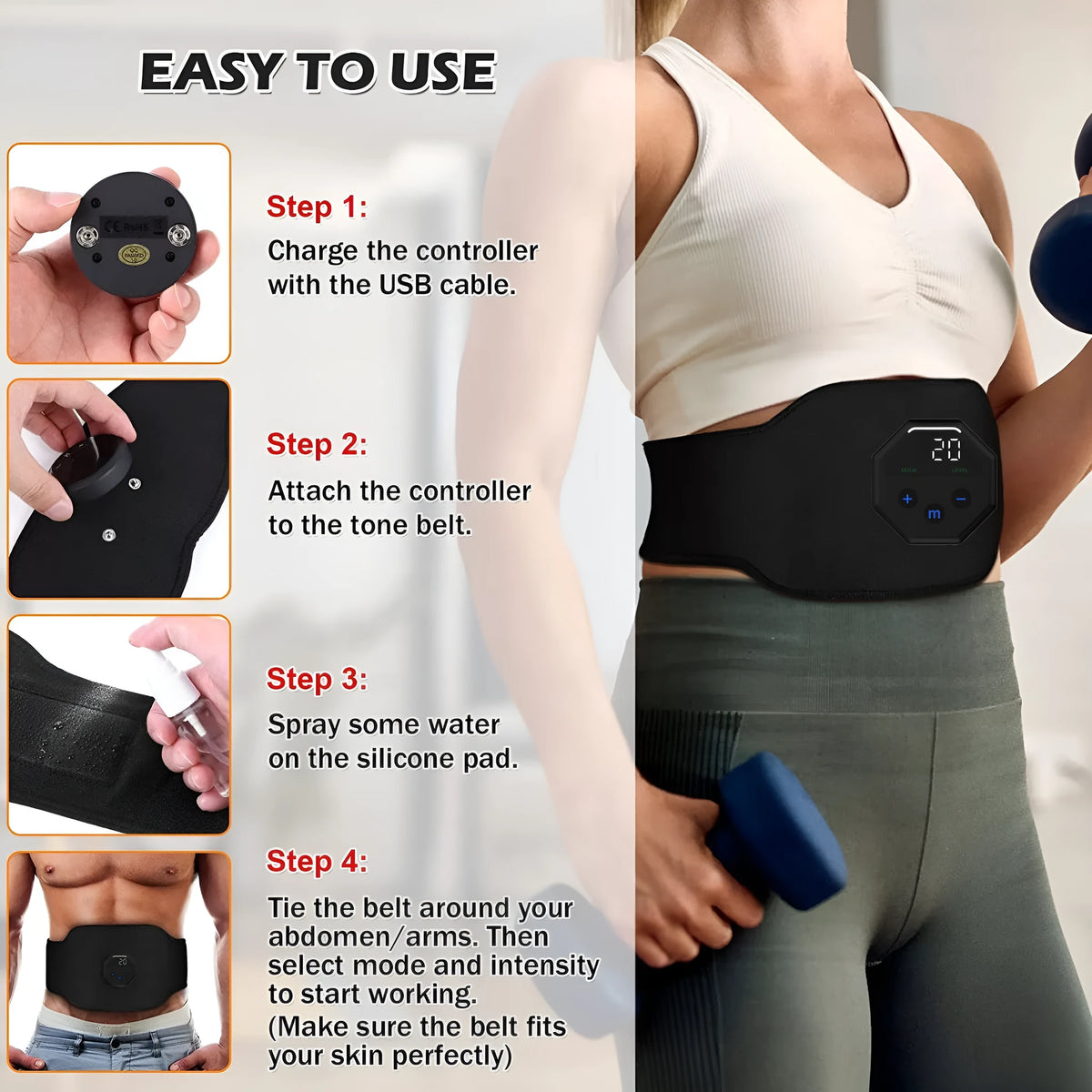 Black rechargeable EMS abdominal sticker set with display, 118 cm length, three pieces