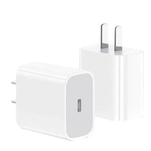 White PD20w 20W USB Type-C charger with 1 metre Lightning cable on white background