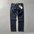 Men's primary colour straight leg denim jeans with American retro styling on a mid waist