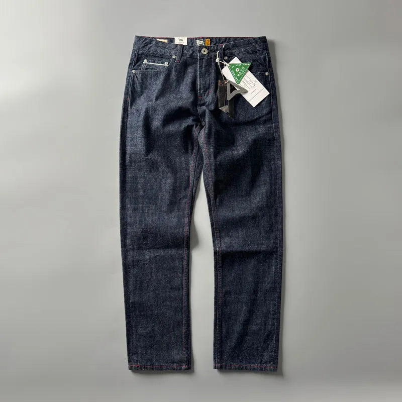 Men's primary colour straight leg denim jeans with American retro styling on a mid waist