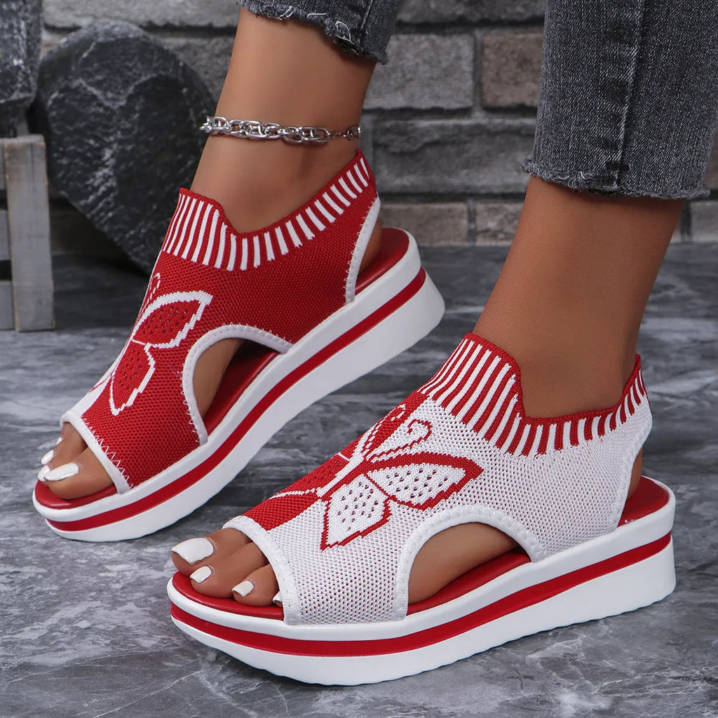Summer butterfly print sports sandals for women with fabric upper and rubber sole in blue