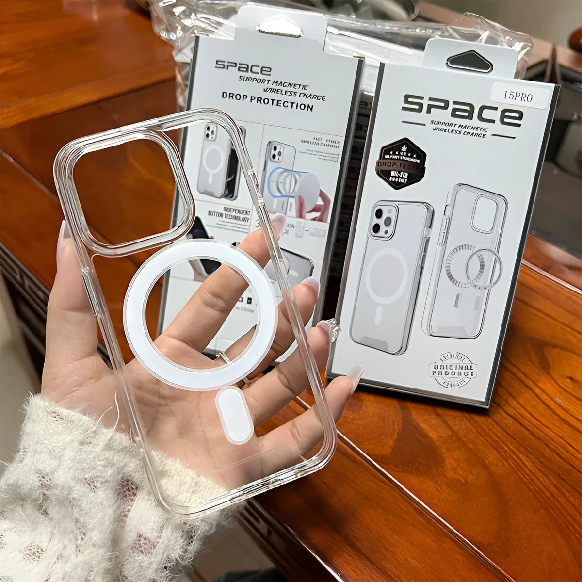 Transparent magnetic acrylic phone case for Apple iPhone, shockproof TPU bumper, anti-fingerprint back, electroplated magnetic ring