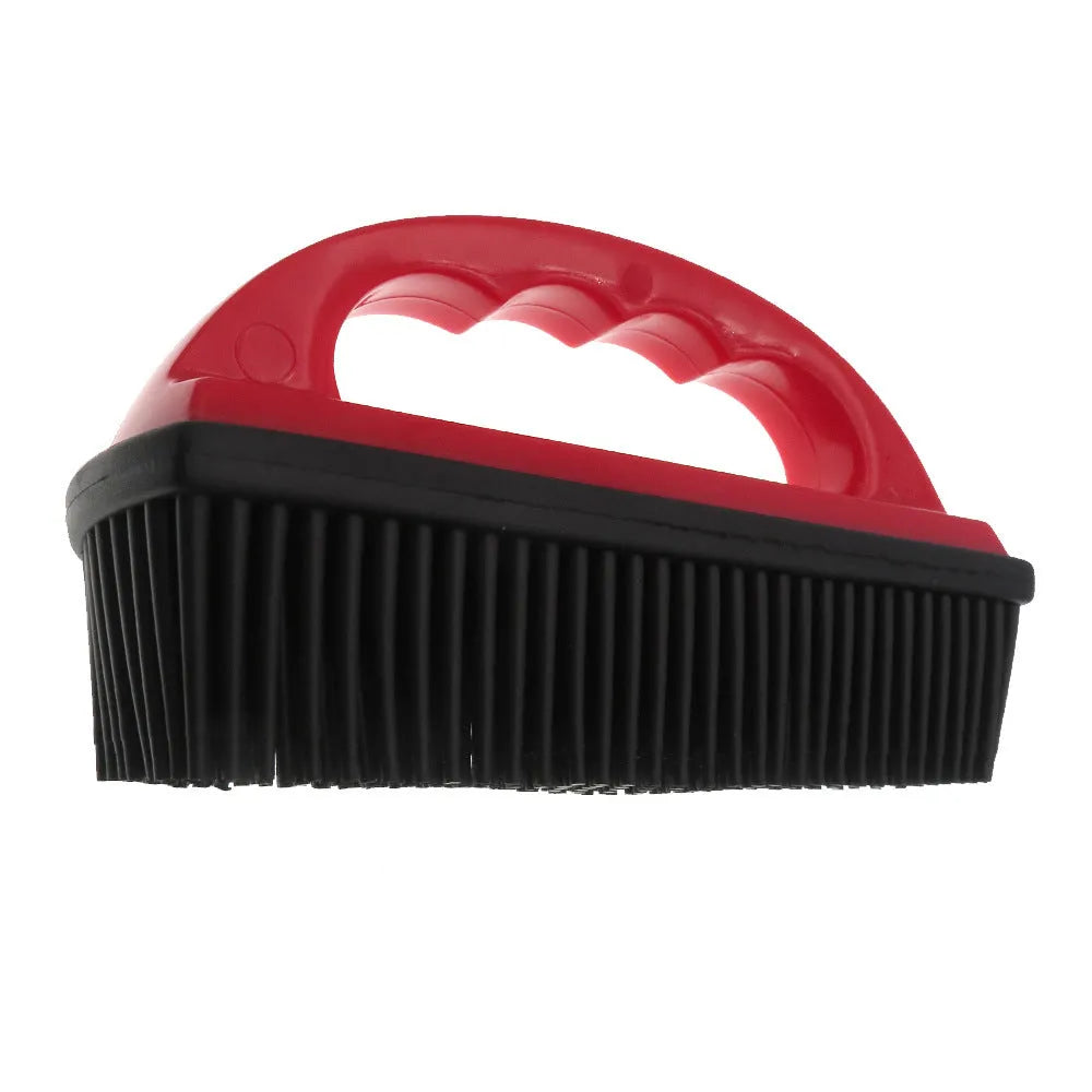 Red handheld pet hair removal brush measuring 160mm by 85mm for dog cat grooming and carpet cleaning