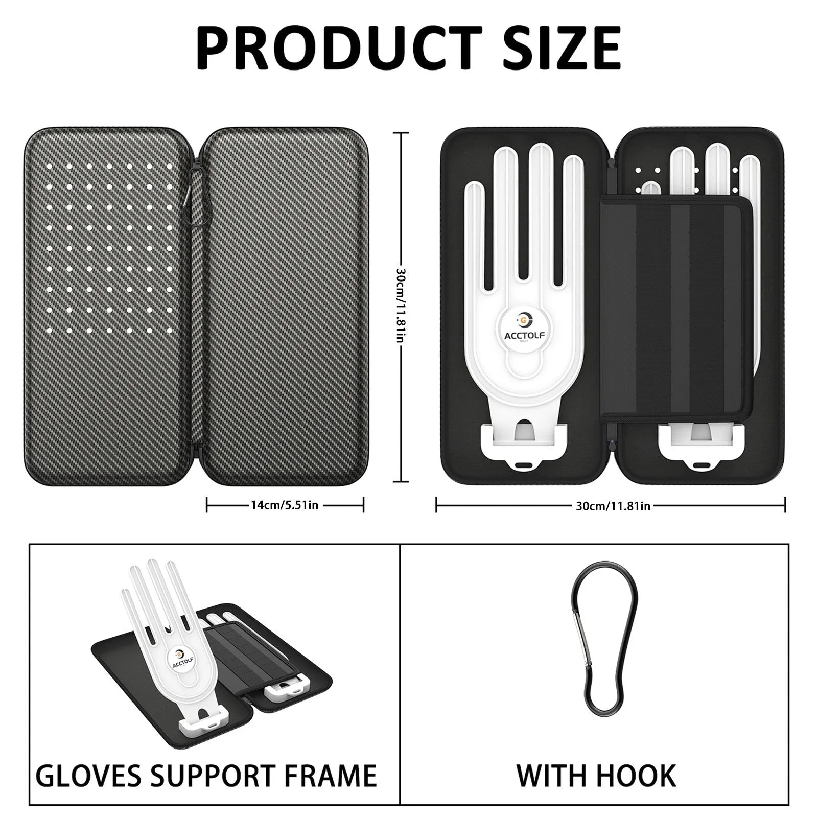 Silver grey golf glove storage bag with two metal support brackets