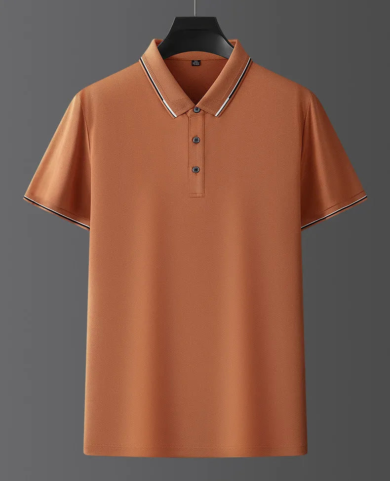 Men's mulberry silk short sleeve shirt in light business style showing regular fit and thin fabric